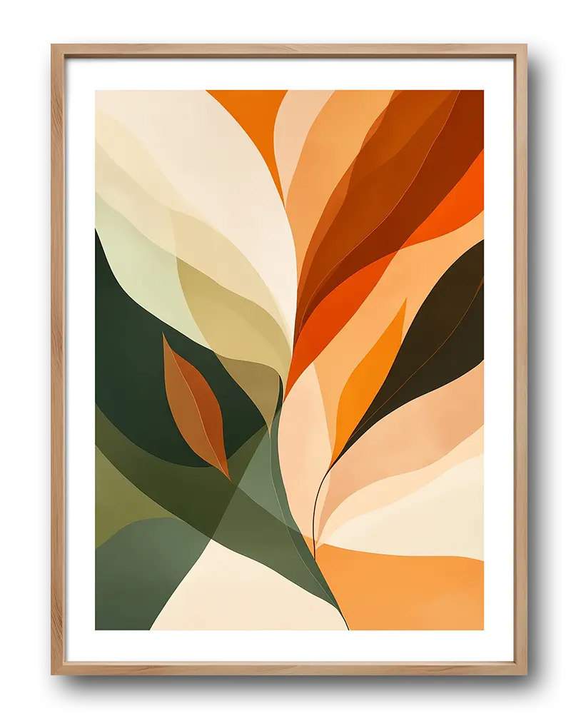 An abstract illustration of autumn leaves with warm orange and green tones blending harmoniously. Perfect wall art for creating a cozy and seasonal atmosphere in your living space.