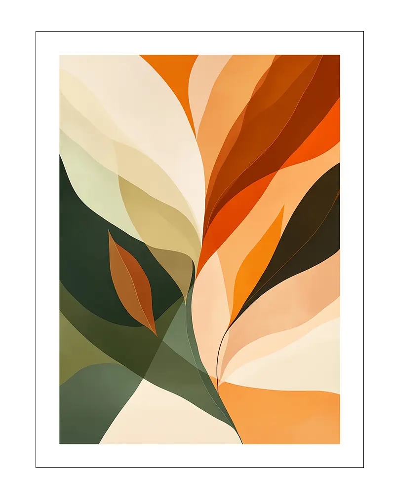 An abstract illustration of autumn leaves with warm orange and green tones blending harmoniously. Perfect wall art for creating a cozy and seasonal atmosphere in your living space.