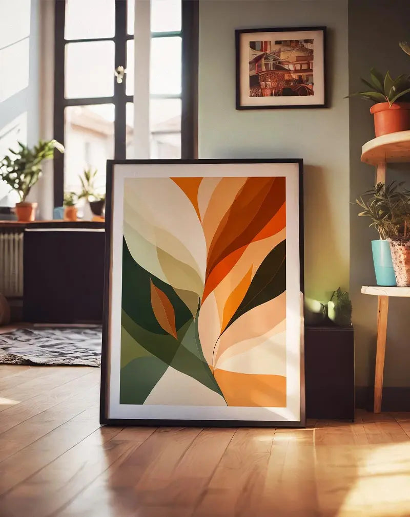 An abstract illustration of autumn leaves with warm orange and green tones blending harmoniously. Perfect wall art for creating a cozy and seasonal atmosphere in your living space.