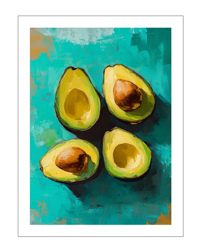 A bold and colorful abstract painting of avocados on a teal background. Perfect wall art for kitchens or dining areas, adding a fresh and modern feel to any space