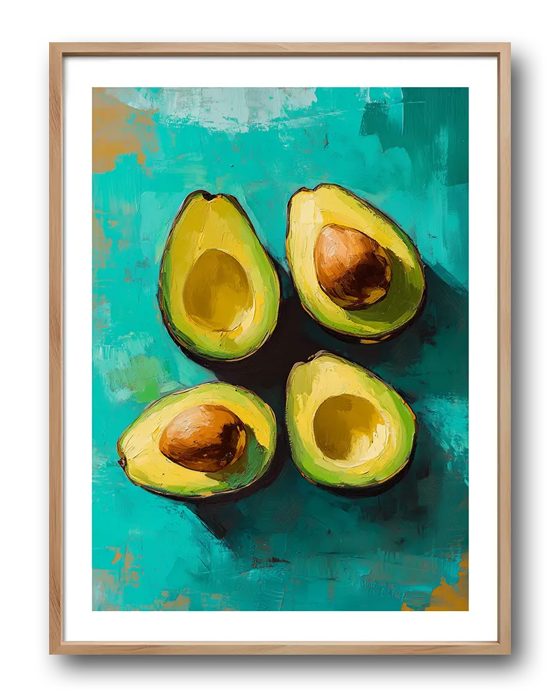 A bold and colorful abstract painting of avocados on a teal background. Perfect wall art for kitchens or dining areas, adding a fresh and modern feel to any space