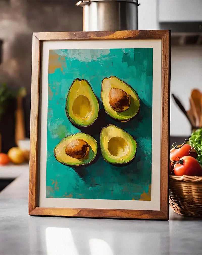 A bold and colorful abstract painting of avocados on a teal background. Perfect wall art for kitchens or dining areas, adding a fresh and modern feel to any space