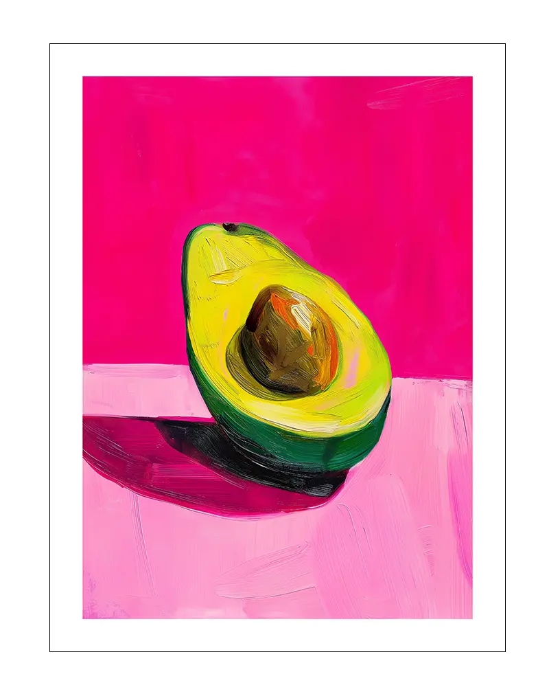 Pop art style painting of a sliced avocado with bright pink background, perfect for vibrant and modern kitchen decor