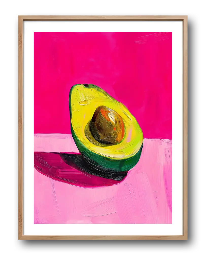 Pop art style painting of a sliced avocado with bright pink background, perfect for vibrant and modern kitchen decor