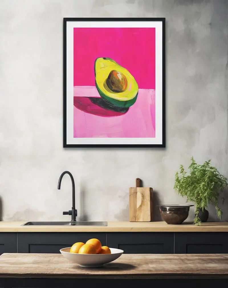 Pop art style painting of a sliced avocado with bright pink background, perfect for vibrant and modern kitchen decor