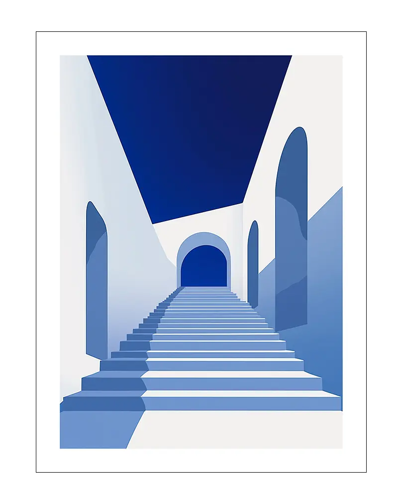 Abstract art of a minimalist azure staircase with white arches, showcasing modern architectural design, ideal for contemporary wall decor