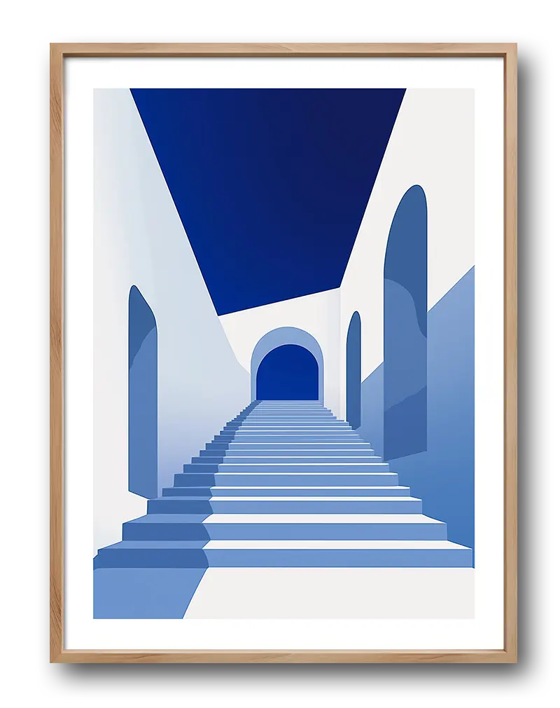 Abstract art of a minimalist azure staircase with white arches, showcasing modern architectural design, ideal for contemporary wall decor