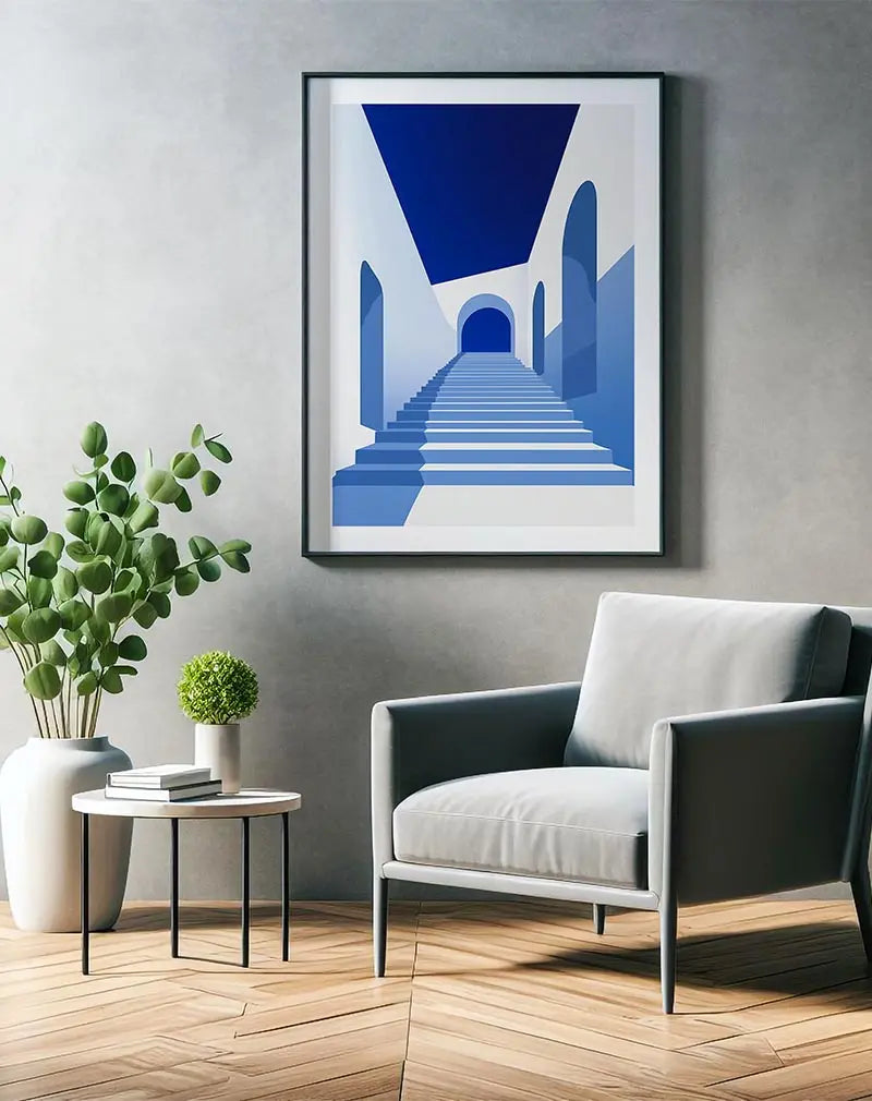 Abstract art of a minimalist azure staircase with white arches, showcasing modern architectural design, ideal for contemporary wall decor