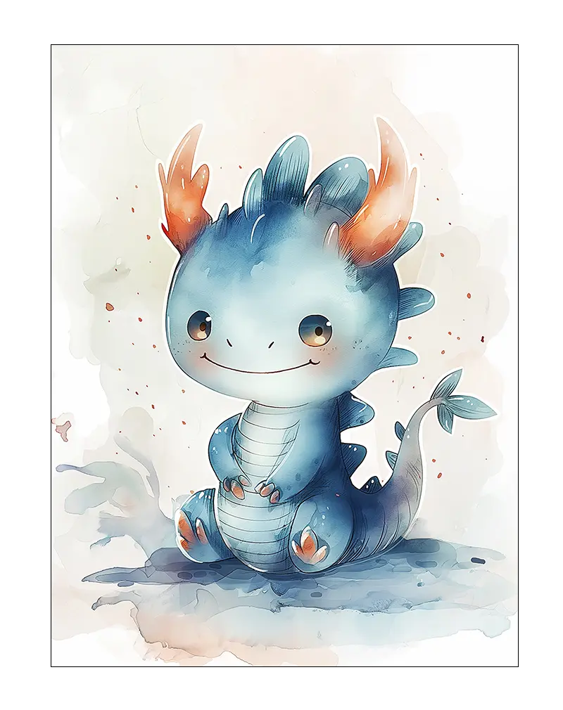 Adorable watercolor illustration of a baby dragon with blue scales and orange horns, perfect for children's room or nursery decor