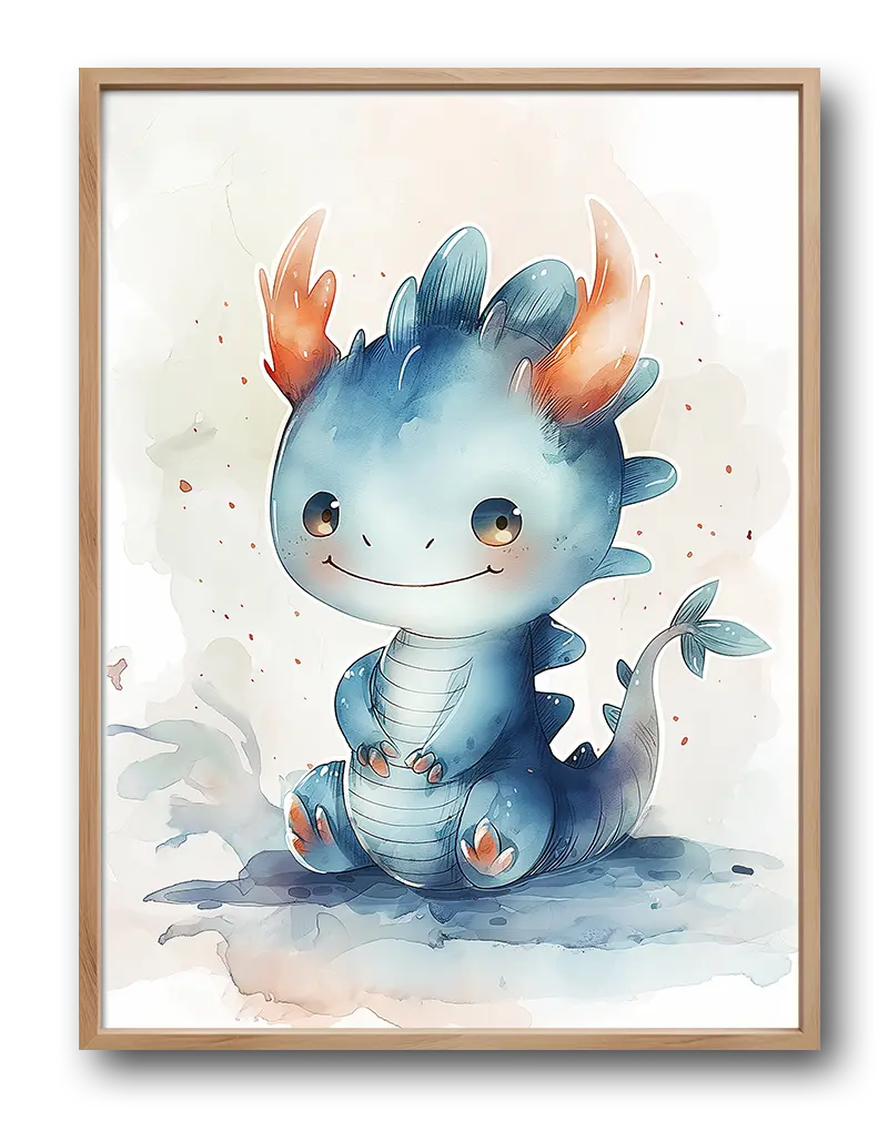 Adorable watercolor illustration of a baby dragon with blue scales and orange horns, perfect for children's room or nursery decor