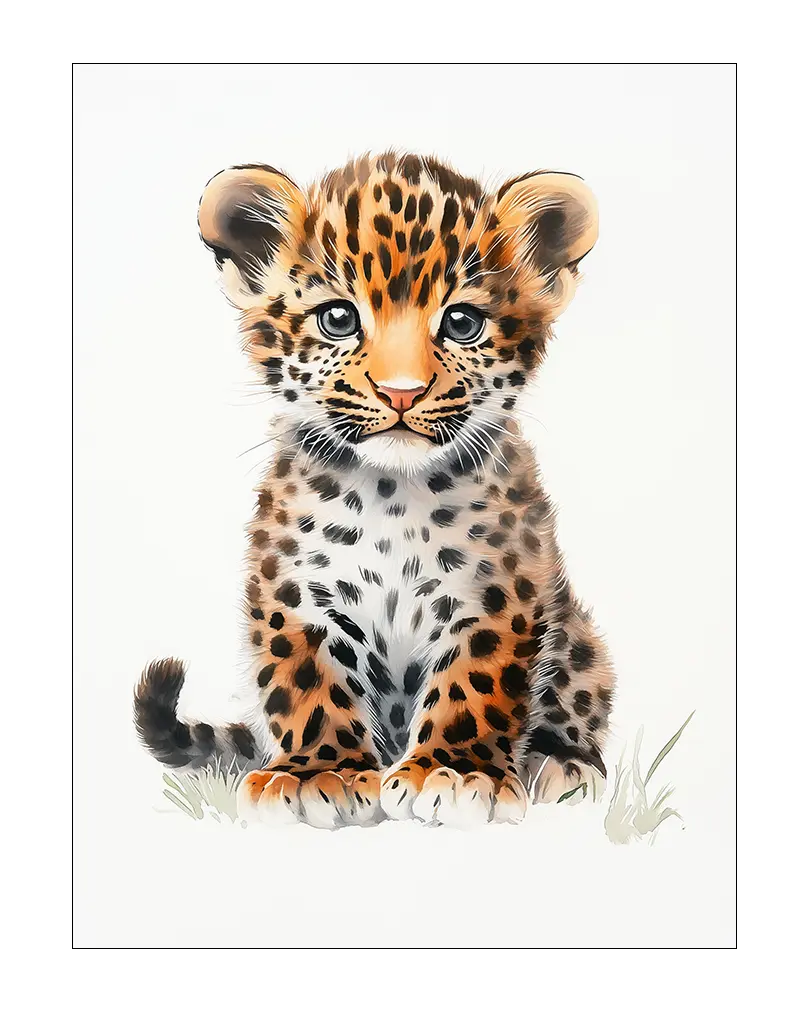 A cute illustration of a baby leopard cub with big blue eyes and spotted fur, perfect wall art for kids' rooms or animal lovers.