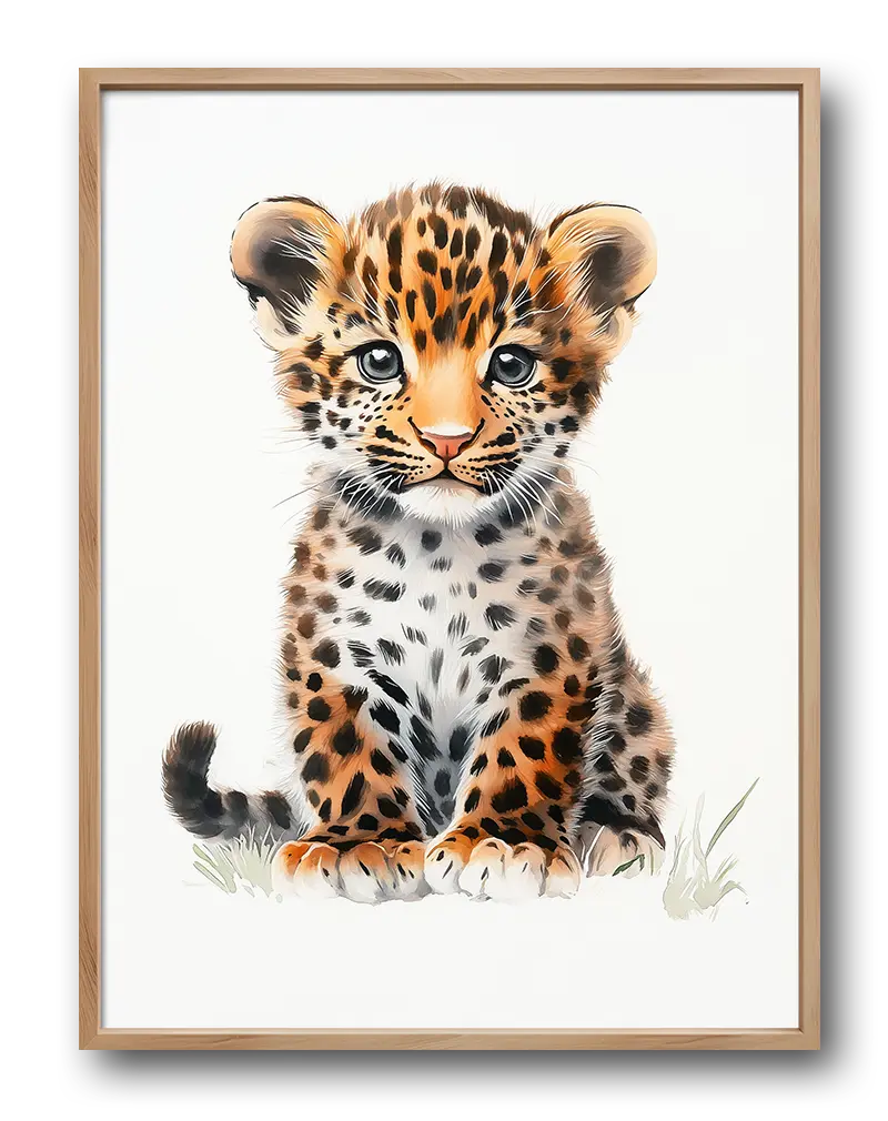 A cute illustration of a baby leopard cub with big blue eyes and spotted fur, perfect wall art for kids' rooms or animal lovers.