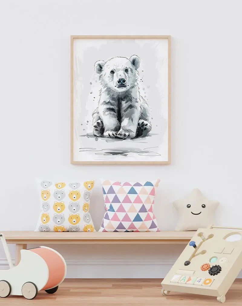 Watercolor illustration of a cute baby polar bear, ideal for children's room or nursery wall decor