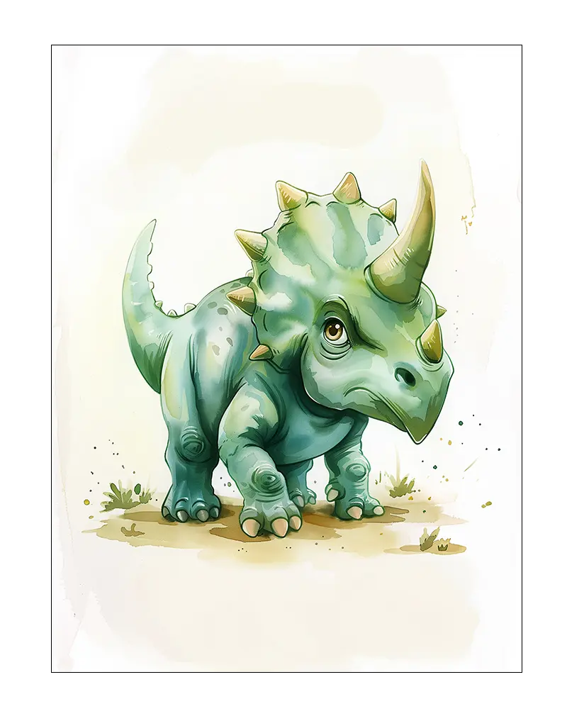 Adorable watercolor illustration of a baby triceratops, perfect for children's room or nursery decor