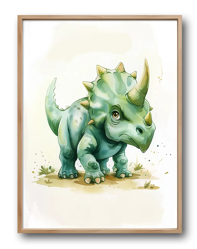 Adorable watercolor illustration of a baby triceratops, perfect for children's room or nursery decor