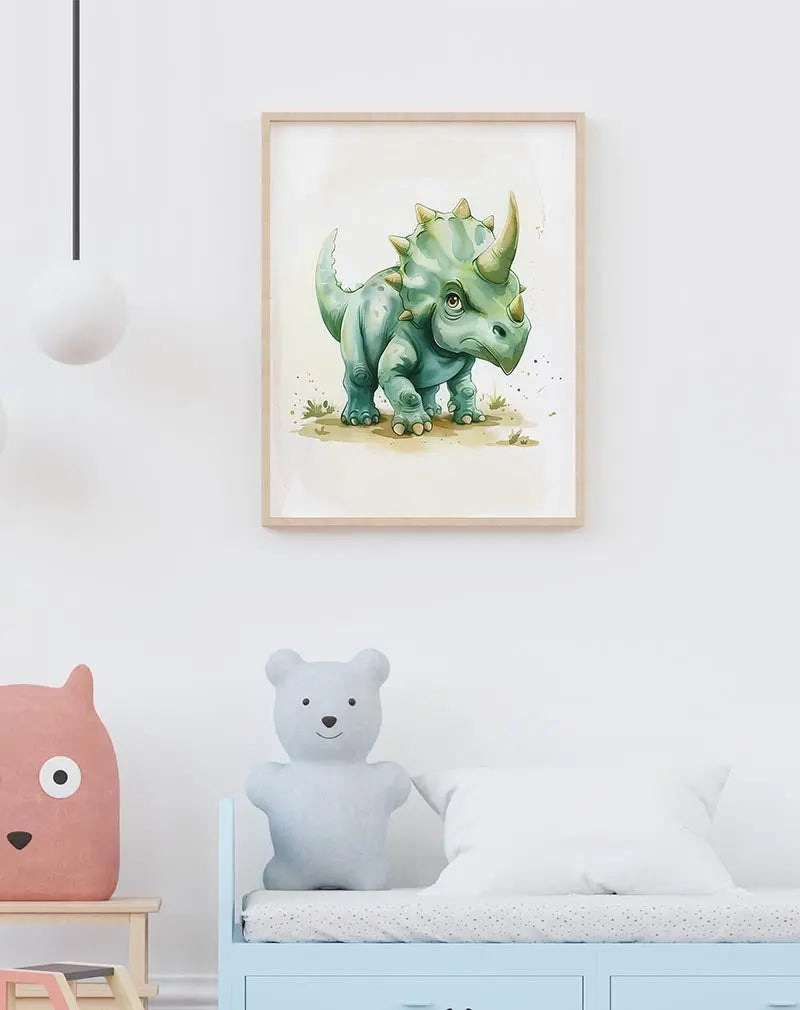 Adorable watercolor illustration of a baby triceratops, perfect for children's room or nursery decor