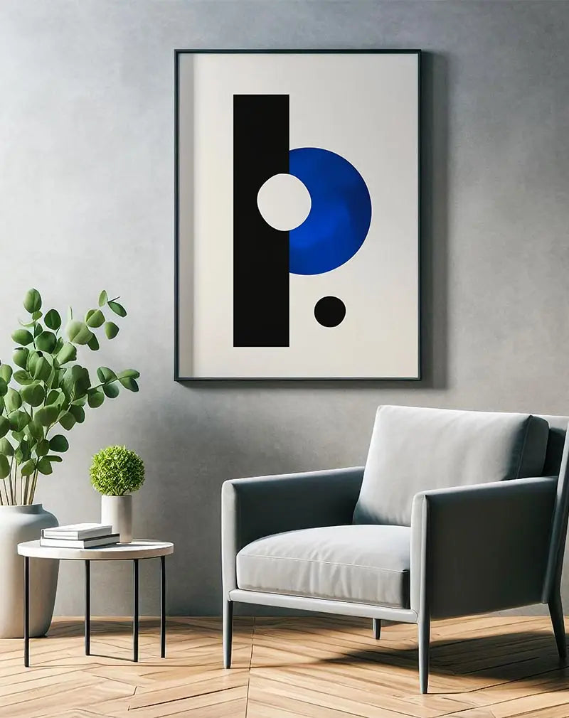 Minimalist abstract art featuring geometric shapes in black and blue, representing balance and form, ideal for modern home or office decor