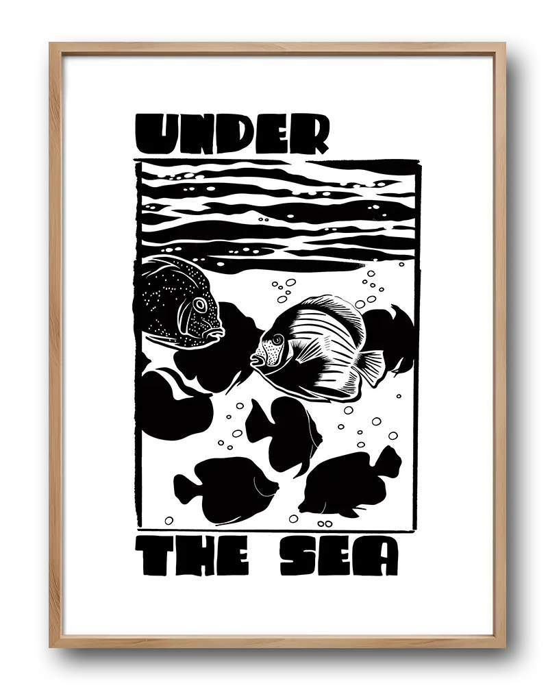 Black and white illustration of fish swimming under the sea with the text "Under the Sea," ideal for aquatic-themed or minimalist decor