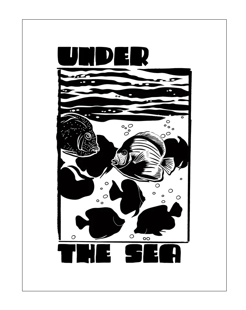 Black and white illustration of fish swimming under the sea with the text "Under the Sea," ideal for aquatic-themed or minimalist decor