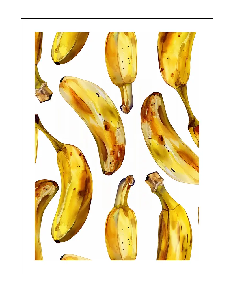 Watercolor illustration of bananas arranged in a pattern, perfect for playful and vibrant kitchen or dining room decor