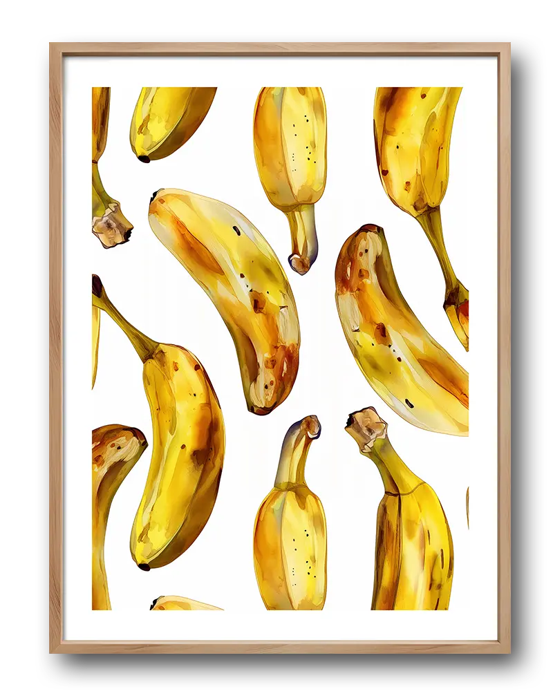 Watercolor illustration of bananas arranged in a pattern, perfect for playful and vibrant kitchen or dining room decor