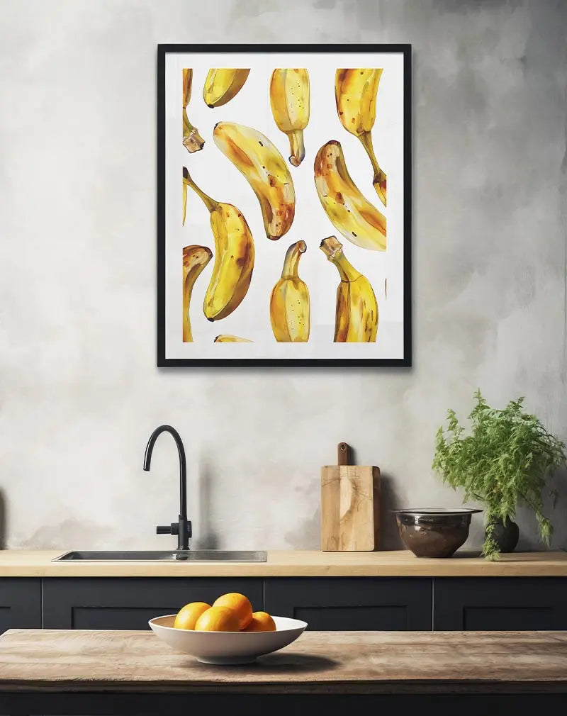 Watercolor illustration of bananas arranged in a pattern, perfect for playful and vibrant kitchen or dining room decor