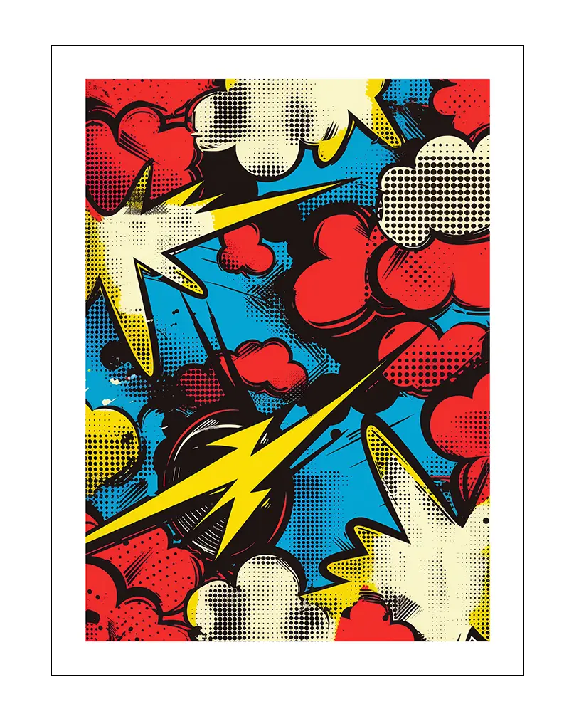 Colorful comic-style pop art poster featuring explosions and lightning bolts, ideal for vibrant and retro-inspired wall decor