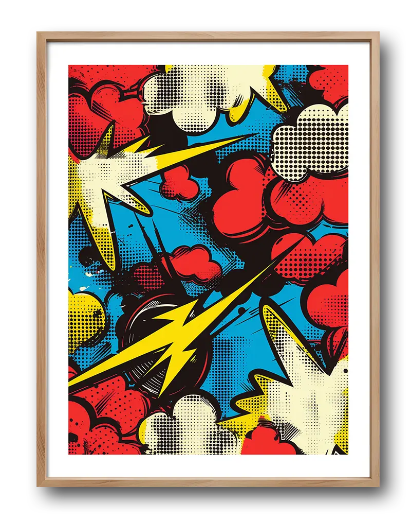 Colorful comic-style pop art poster featuring explosions and lightning bolts, ideal for vibrant and retro-inspired wall decor