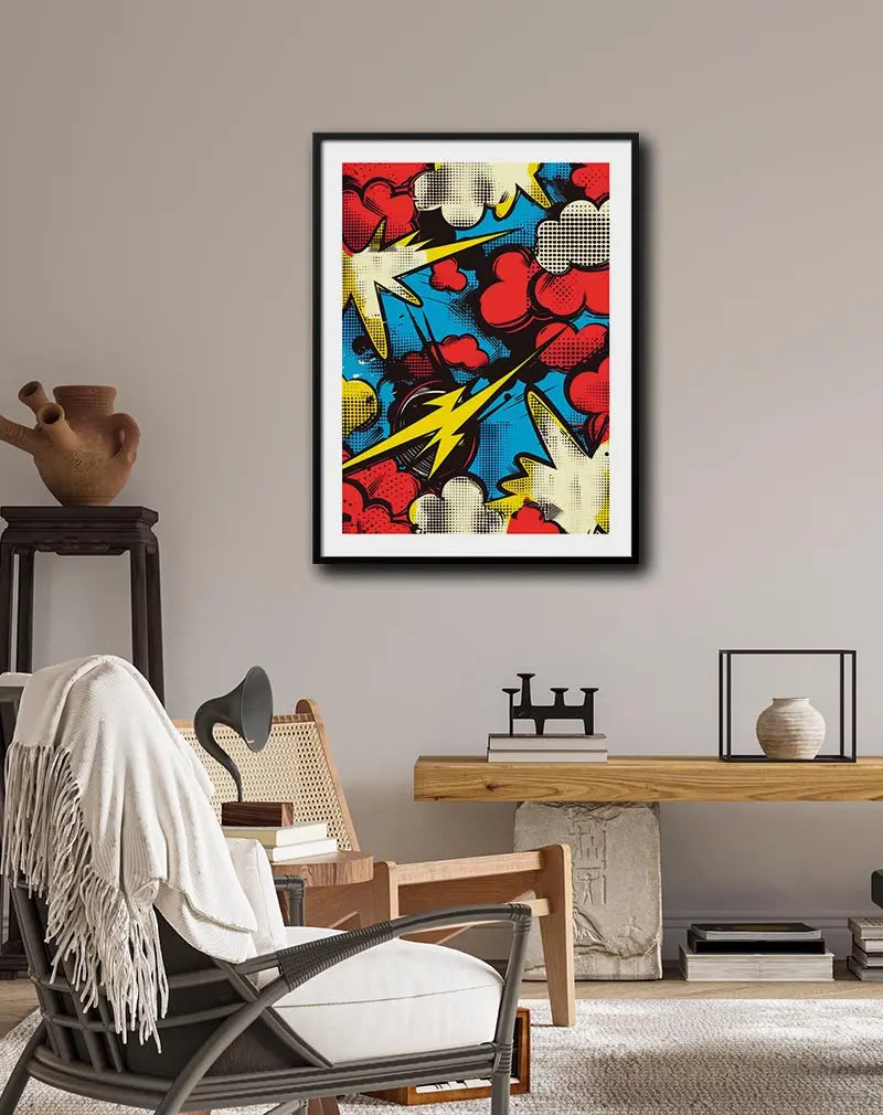 Colorful comic-style pop art poster featuring explosions and lightning bolts, ideal for vibrant and retro-inspired wall decor