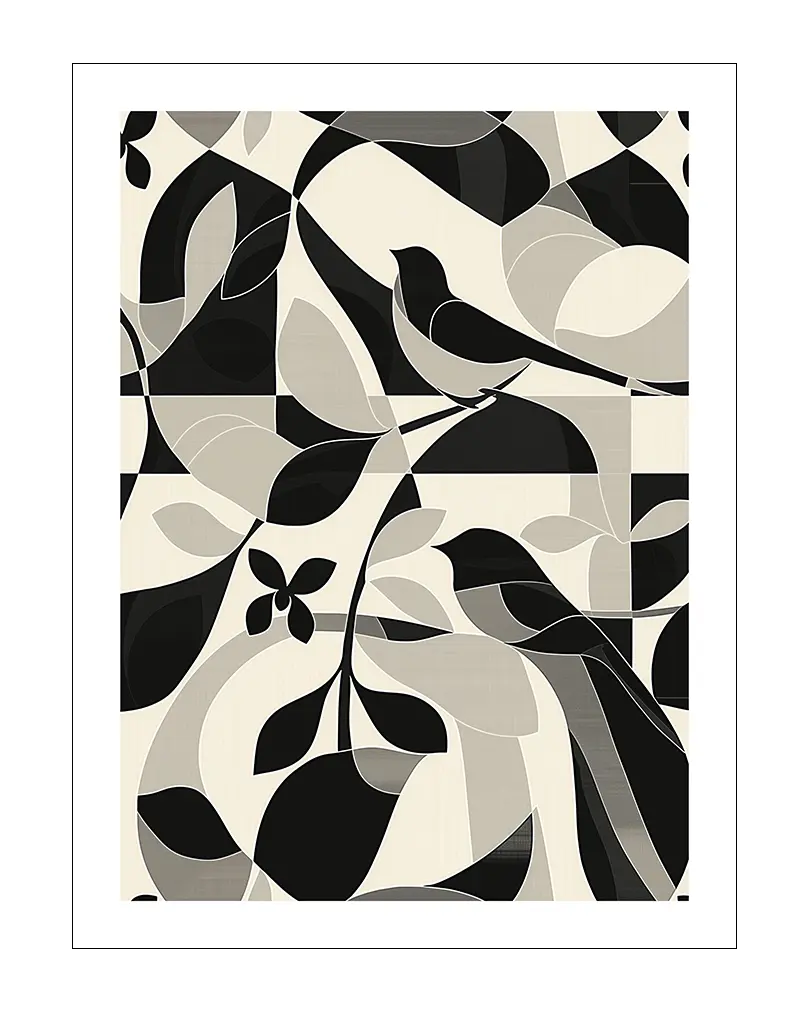 Minimalist black and white pattern featuring birds and leaves, ideal for modern and nature-inspired home decor