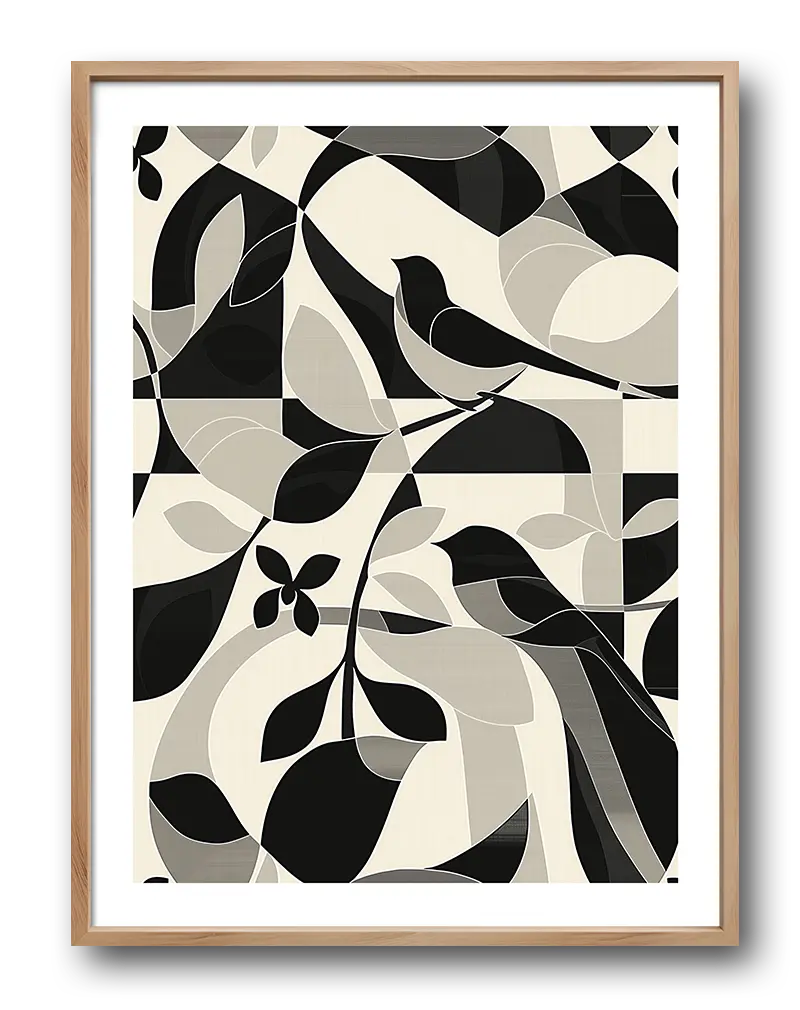 Minimalist black and white pattern featuring birds and leaves, ideal for modern and nature-inspired home decor