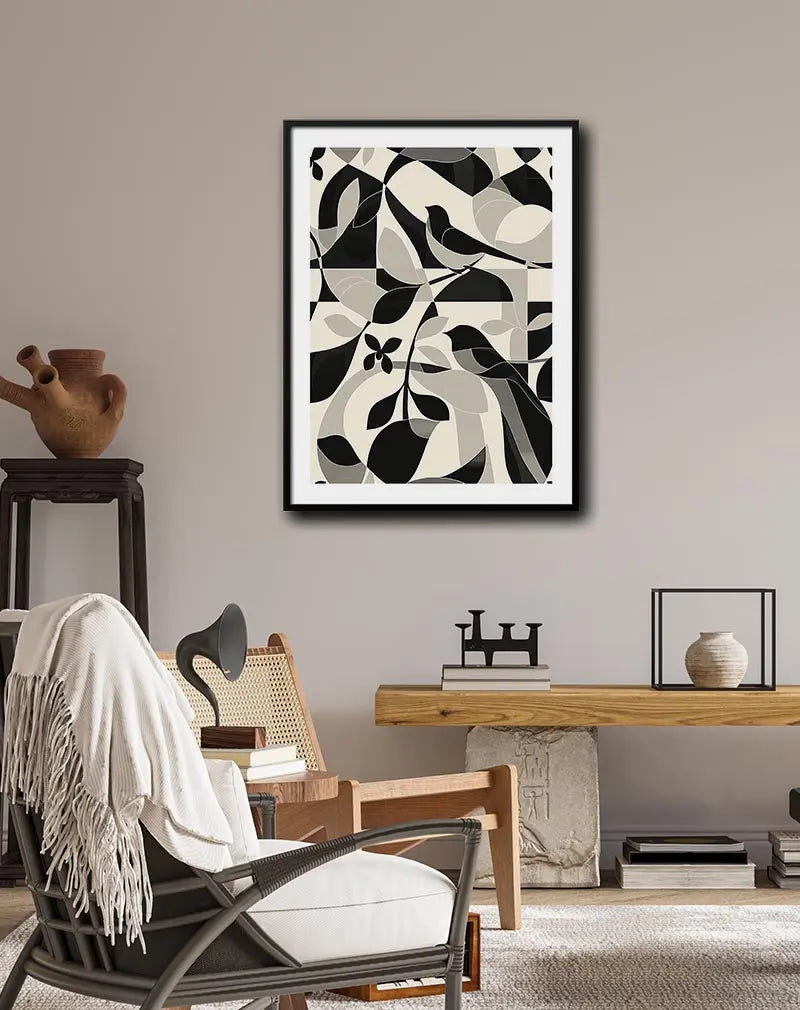 Minimalist black and white pattern featuring birds and leaves, ideal for modern and nature-inspired home decor