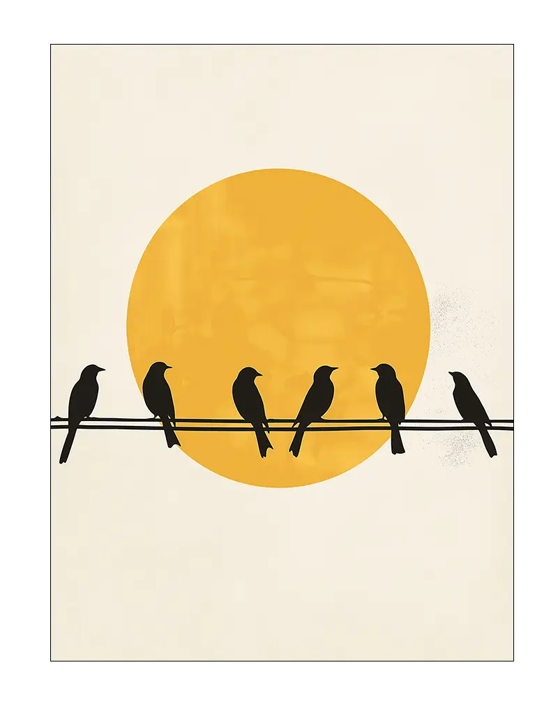 Minimalist silhouette of birds sitting on wires with a large yellow sun in the background, perfect for modern and nature-themed wall decor