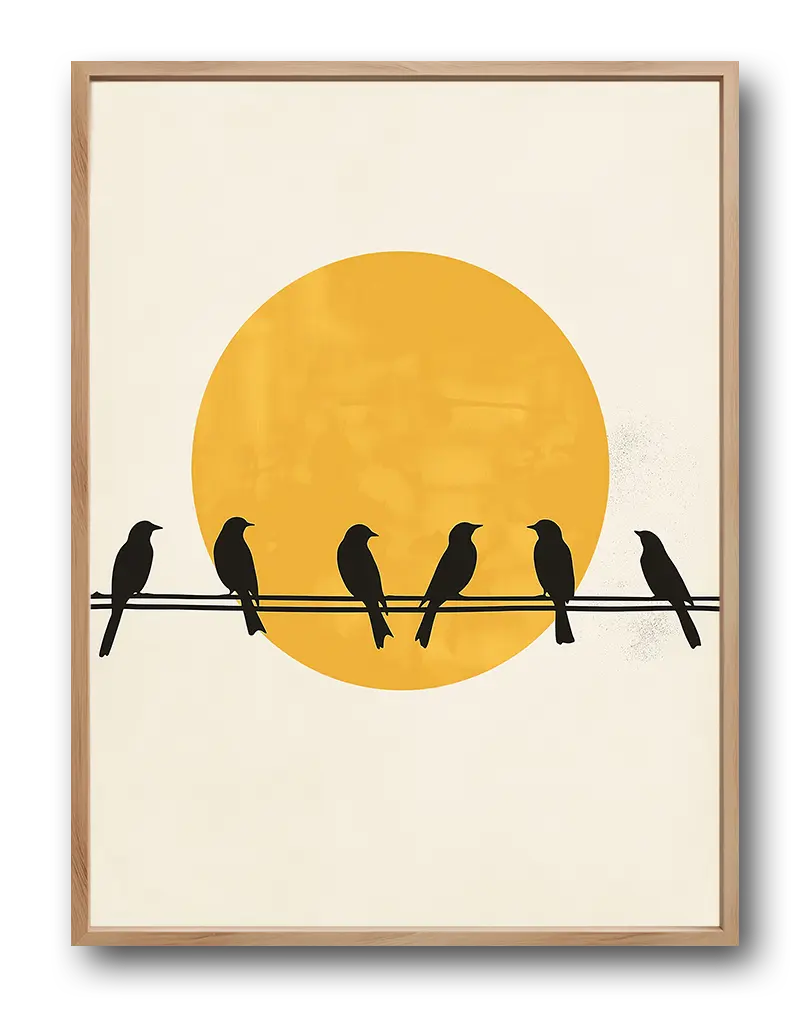 Minimalist silhouette of birds sitting on wires with a large yellow sun in the background, perfect for modern and nature-themed wall decor