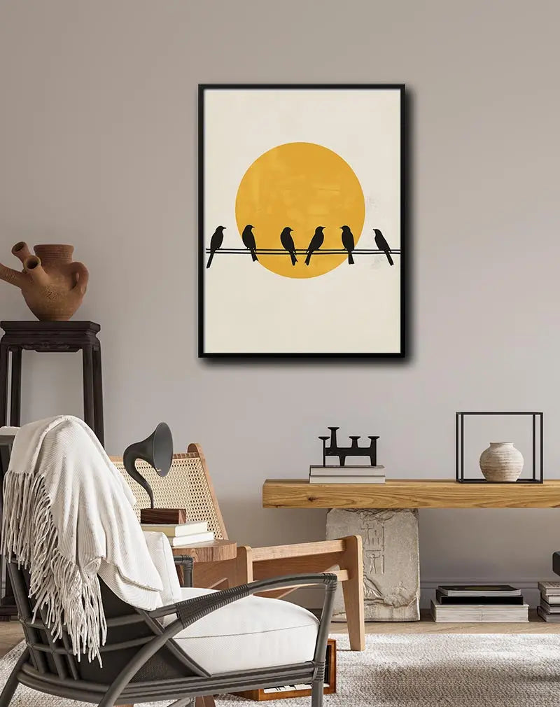 Minimalist silhouette of birds sitting on wires with a large yellow sun in the background, perfect for modern and nature-themed wall decor