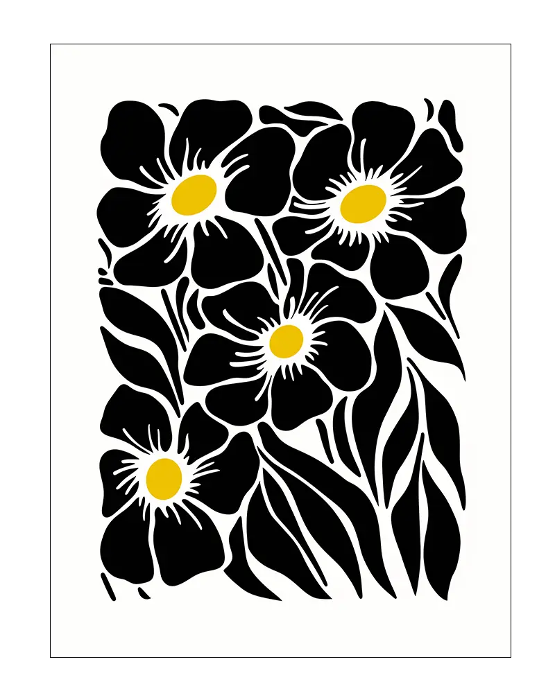 Minimalist black and white floral pattern with bold black flowers and yellow centers, perfect for modern and nature-inspired decor