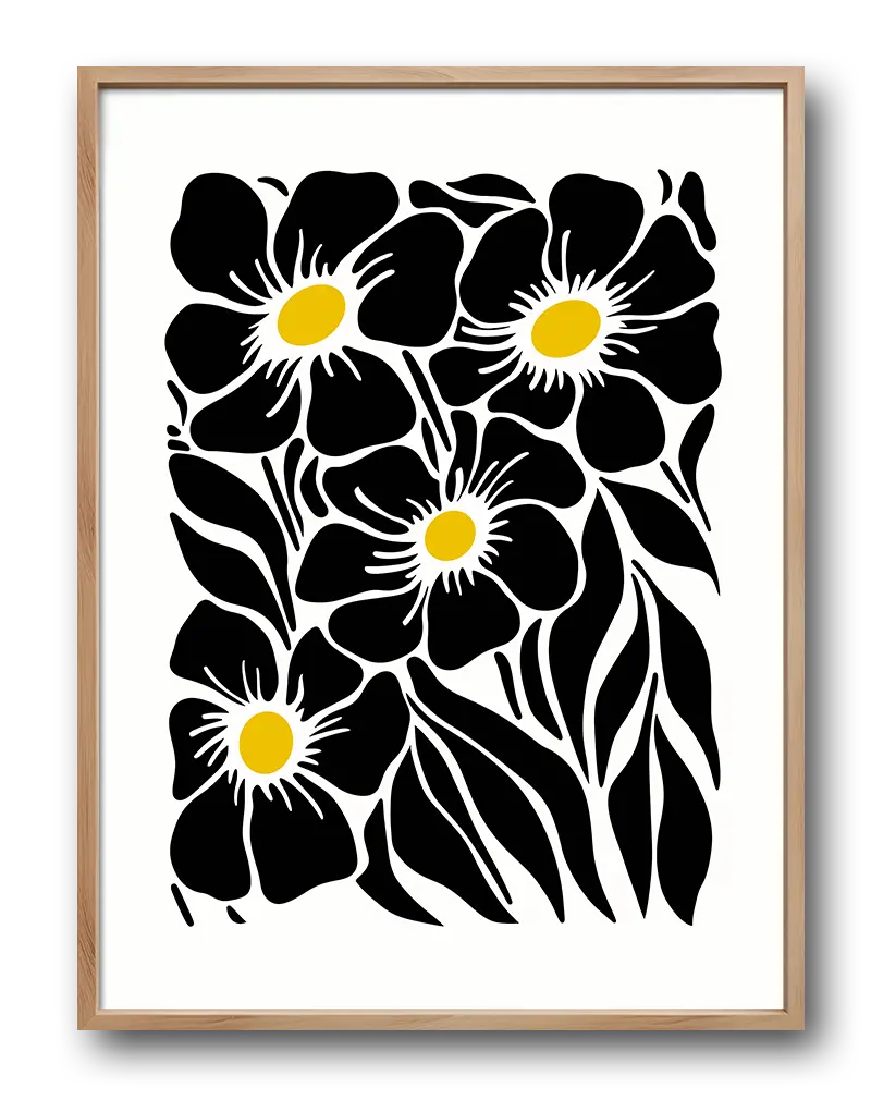 Minimalist black and white floral pattern with bold black flowers and yellow centers, perfect for modern and nature-inspired decor