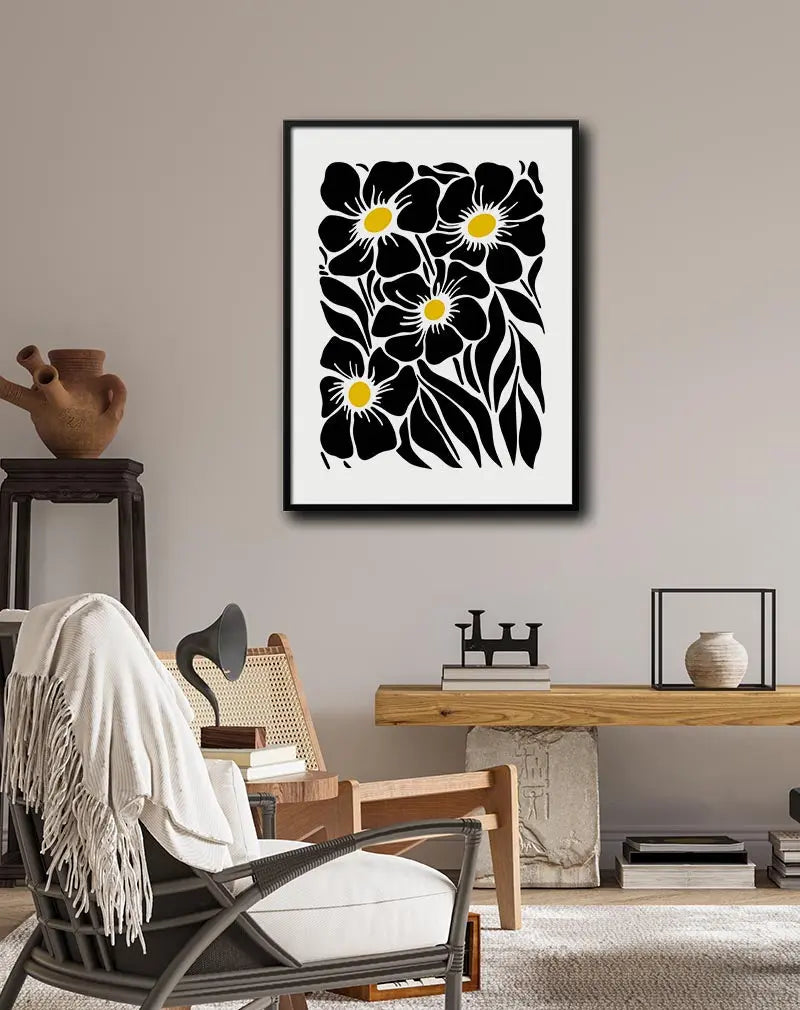 Minimalist black and white floral pattern with bold black flowers and yellow centers, perfect for modern and nature-inspired decor