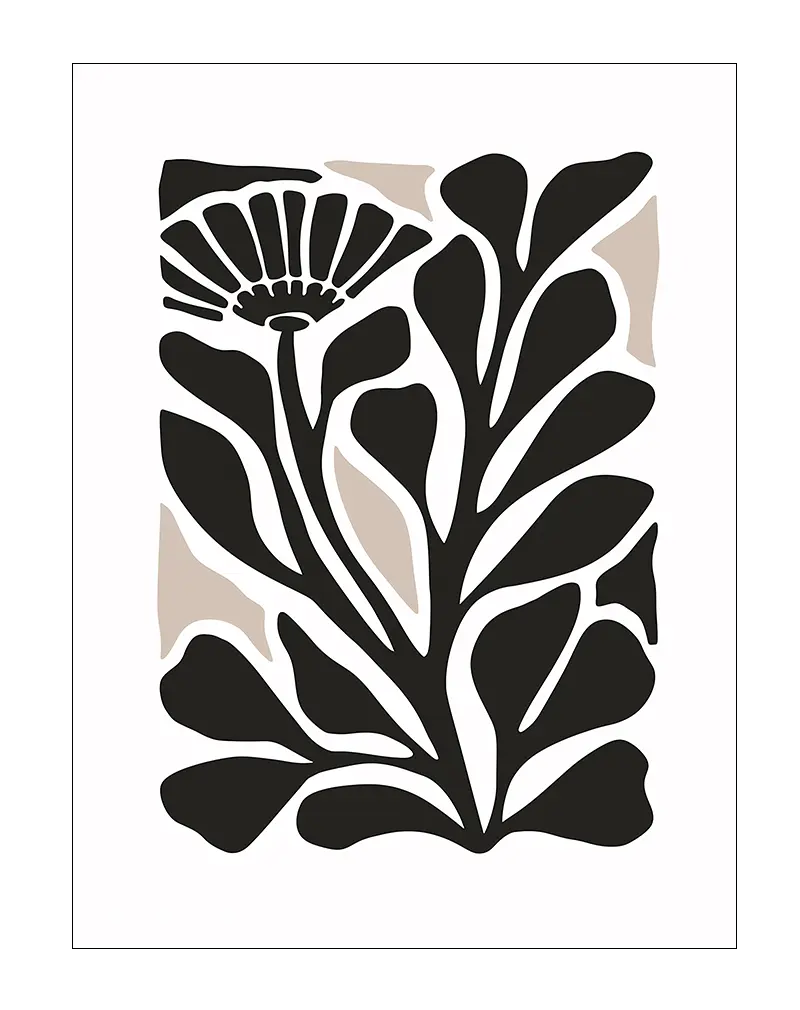 Minimalist black botanical illustration featuring bold floral and leaf designs, perfect for modern and nature-inspired decor