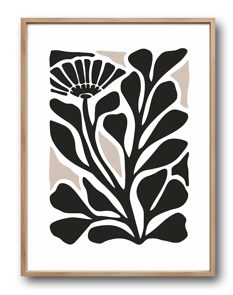 Minimalist black botanical illustration featuring bold floral and leaf designs, perfect for modern and nature-inspired decor