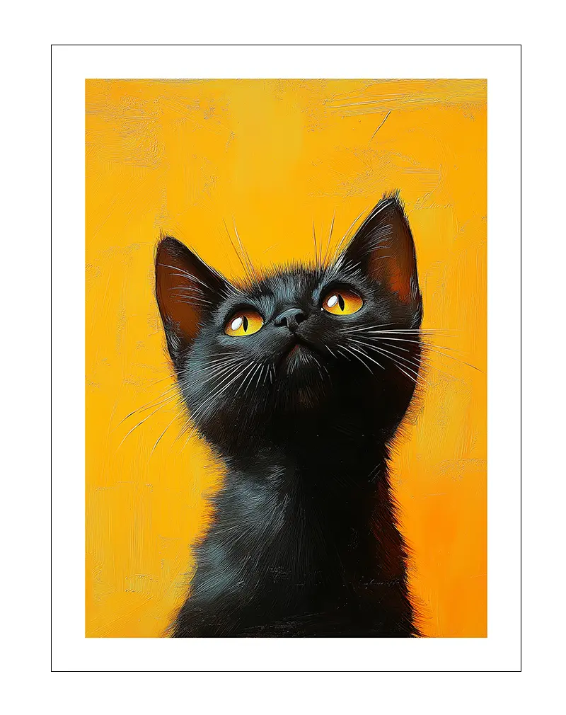 Illustration of a black cat with bright yellow eyes looking upwards, set against a vivid yellow background. A playful wall art addition for cat lovers.