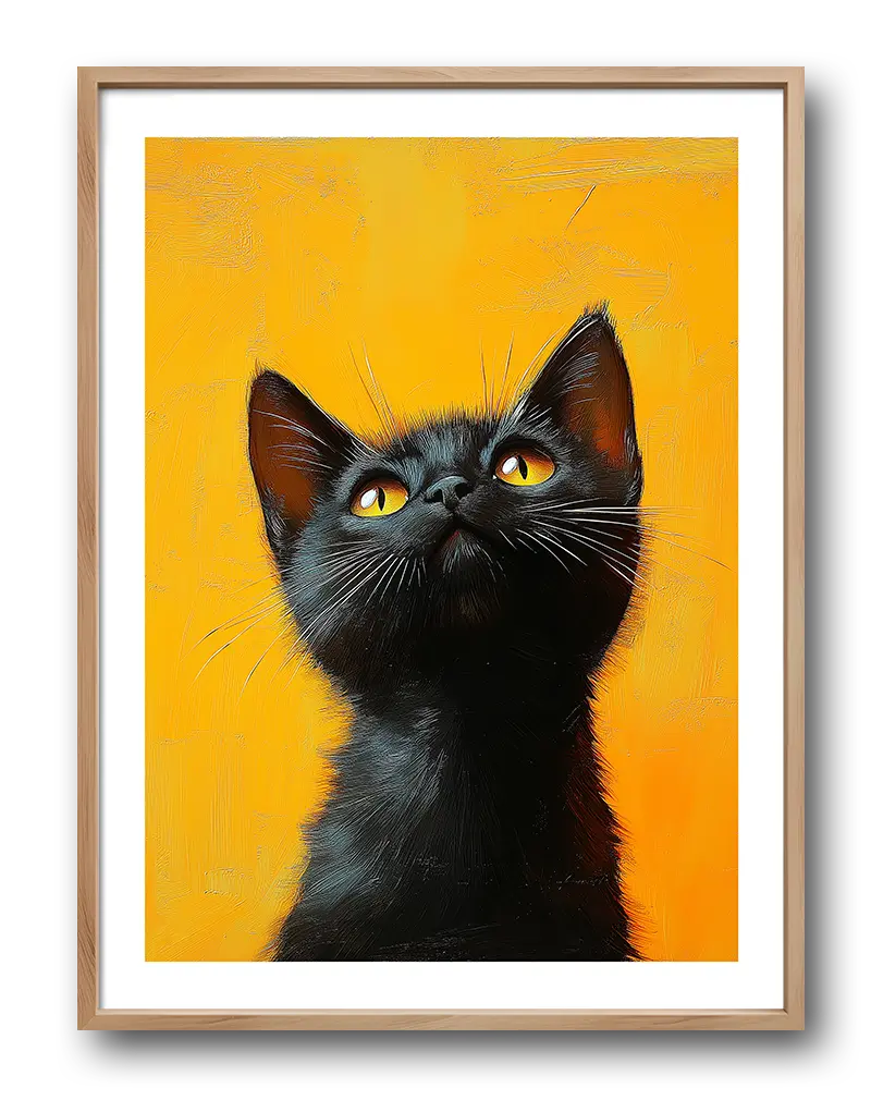 Illustration of a black cat with bright yellow eyes looking upwards, set against a vivid yellow background. A playful wall art addition for cat lovers.