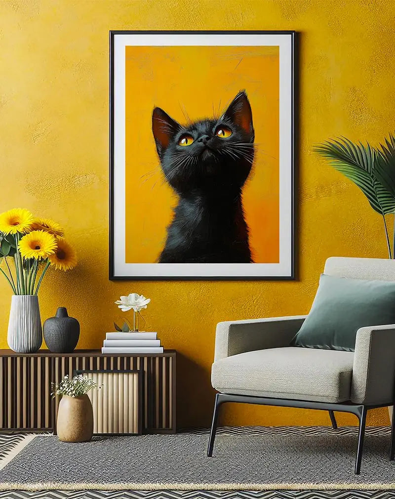 Illustration of a black cat with bright yellow eyes looking upwards, set against a vivid yellow background. A playful wall art addition for cat lovers.