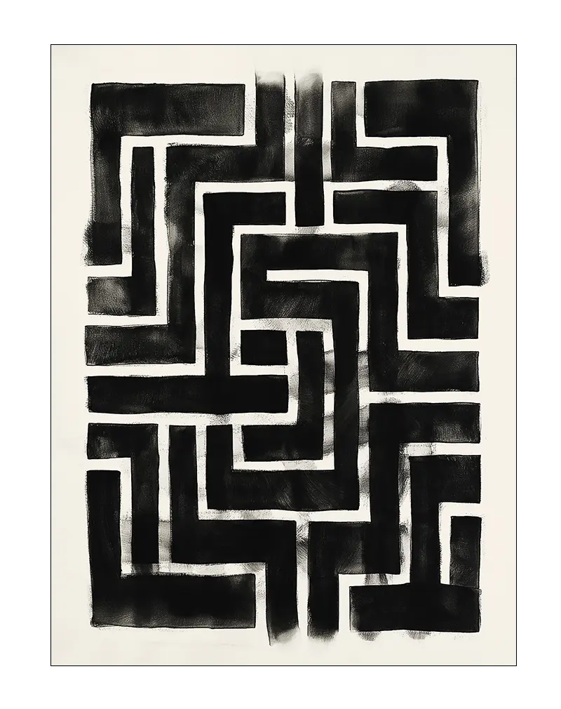 A striking black-and-white abstract maze illustration with bold lines. Perfect wall art for minimalist interiors, adding a modern and thought-provoking touch to any room