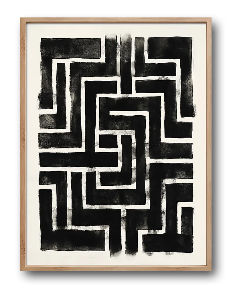 A striking black-and-white abstract maze illustration with bold lines. Perfect wall art for minimalist interiors, adding a modern and thought-provoking touch to any room