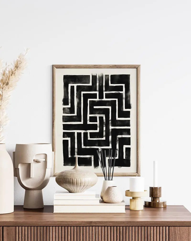 A striking black-and-white abstract maze illustration with bold lines. Perfect wall art for minimalist interiors, adding a modern and thought-provoking touch to any room