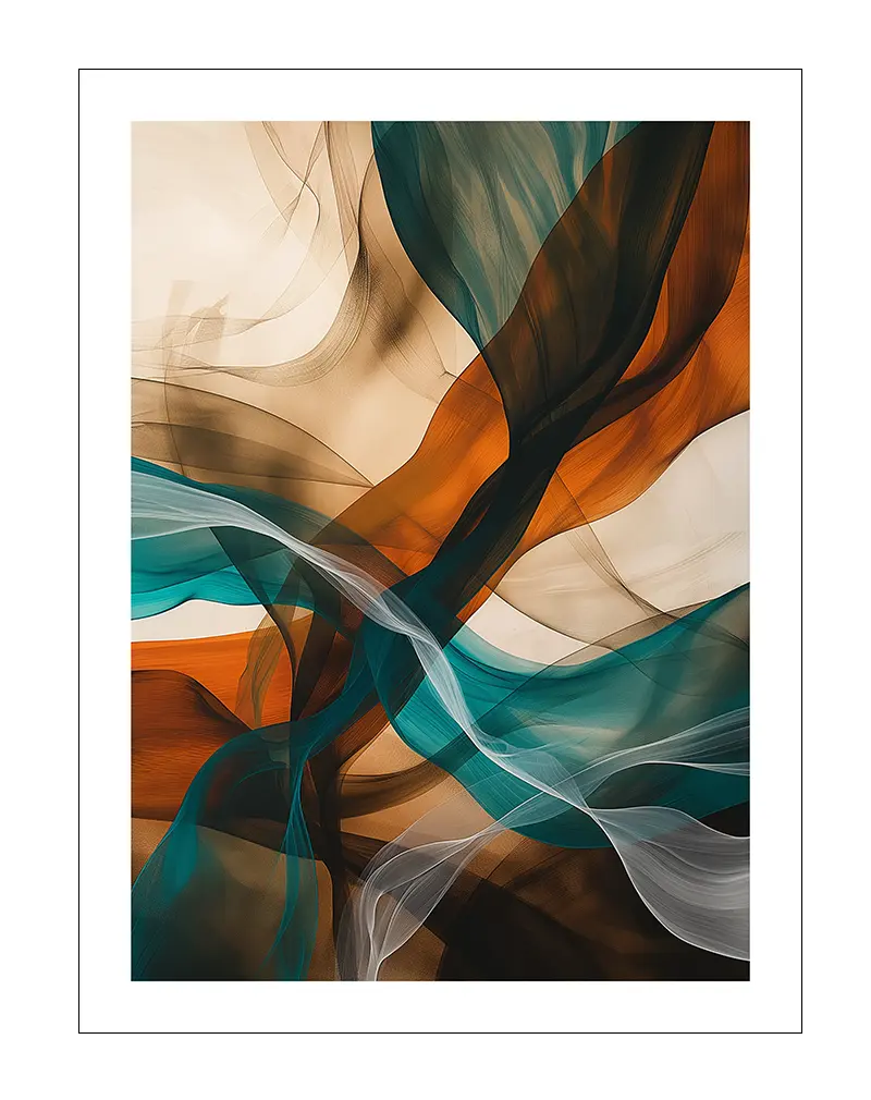 Abstract fluid art with flowing earthy tones of teal, orange, and beige, perfect for modern and contemporary home decor