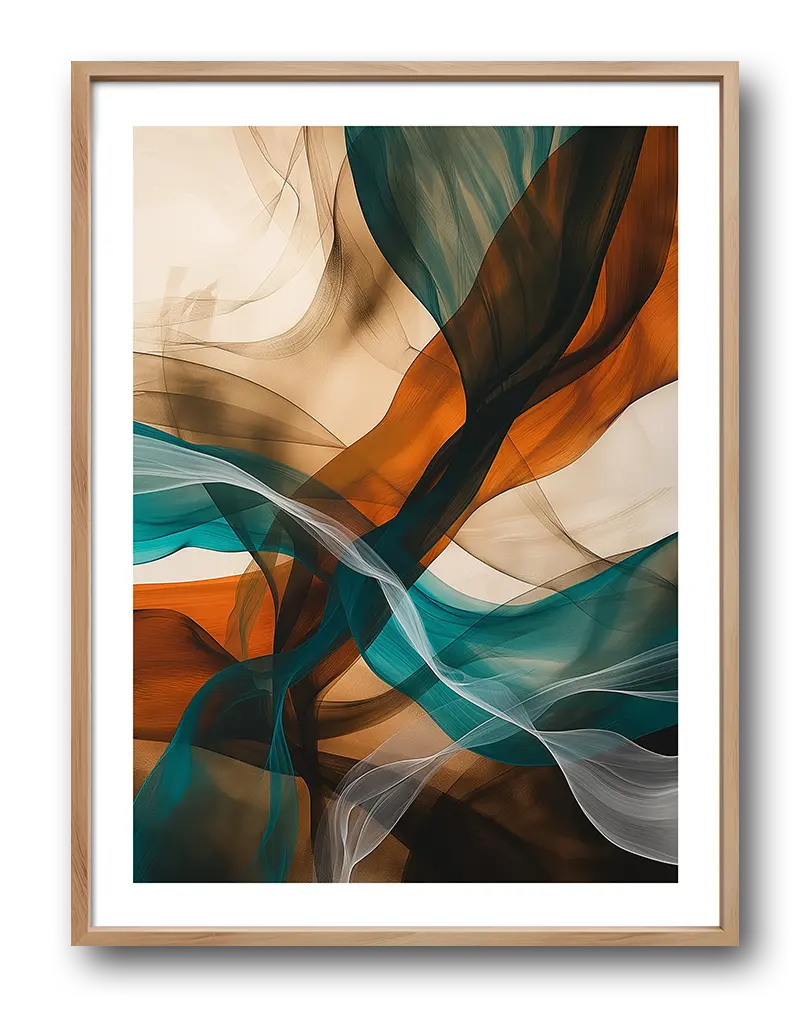 Abstract fluid art with flowing earthy tones of teal, orange, and beige, perfect for modern and contemporary home decor