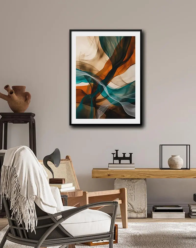 Abstract fluid art with flowing earthy tones of teal, orange, and beige, perfect for modern and contemporary home decor