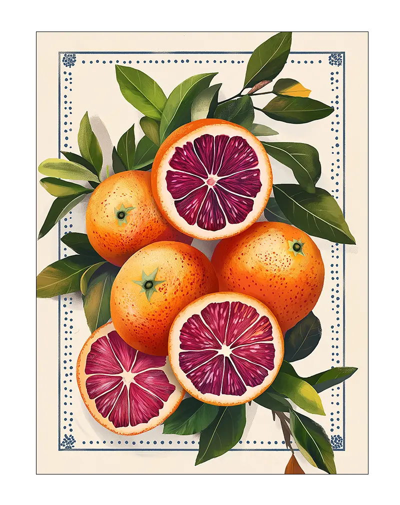 A beautifully detailed illustration of blood oranges surrounded by lush green leaves, set against a decorative background.